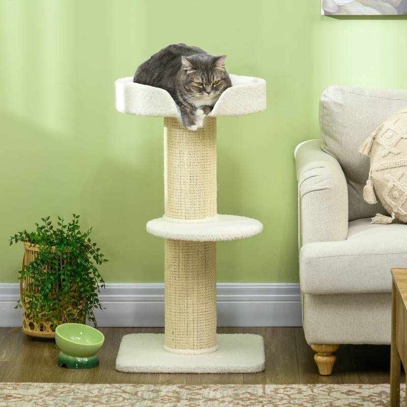 Arbre à chat 91cm avec lit et plateforme en laine d'agneau crème - Image 3