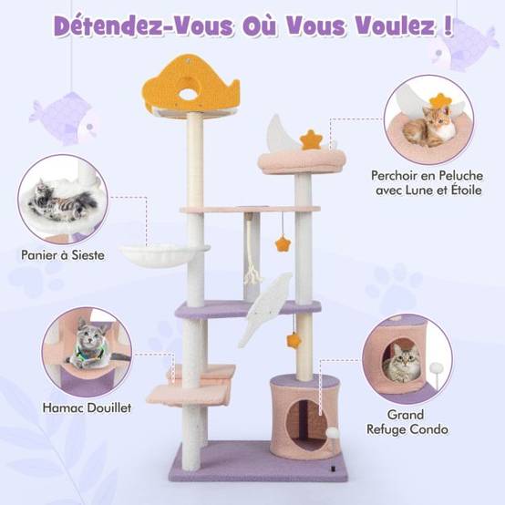 Helloshop26 - Arbre à chat tour à plusieurs niveaux de 167 cm griffoirs recouverts de sisal plate-forme en forme d'avion perchoir en peluche en sisal violet - Imagen 4