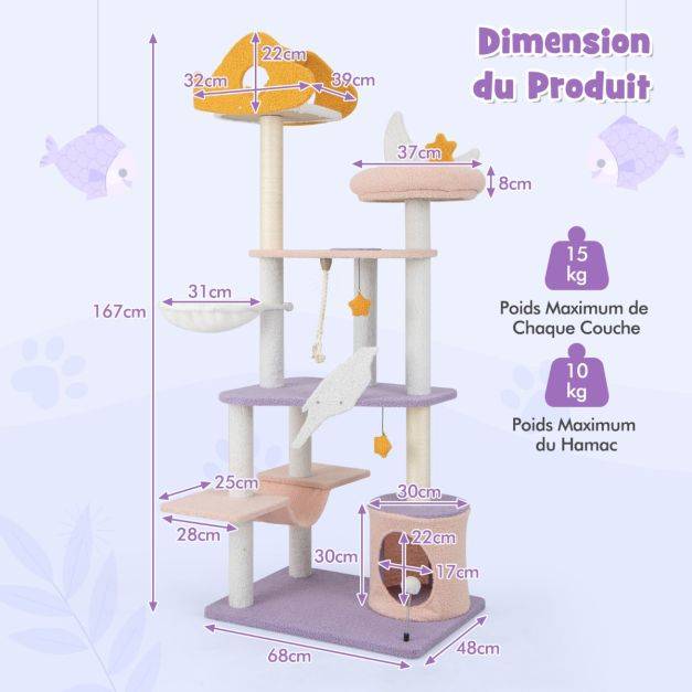 Helloshop26 - Arbre à chat tour à plusieurs niveaux de 167 cm griffoirs recouverts de sisal plate-forme en forme d'avion perchoir en peluche en sisal violet - Imagen 6