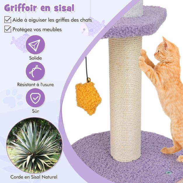 Helloshop26 - Arbre à chat tour à plusieurs niveaux de 167 cm griffoirs recouverts de sisal plate-forme en forme d'avion perchoir en peluche en sisal violet - Imagen 5