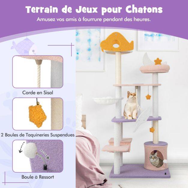Helloshop26 - Arbre à chat tour à plusieurs niveaux de 167 cm griffoirs recouverts de sisal plate-forme en forme d'avion perchoir en peluche en sisal violet - Imagen 3