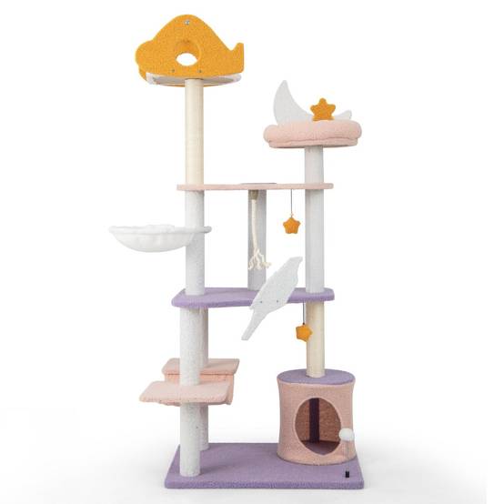 Helloshop26 - Arbre à chat tour à plusieurs niveaux de 167 cm griffoirs recouverts de sisal plate-forme en forme d'avion perchoir en peluche en sisal violet - Imagen 1