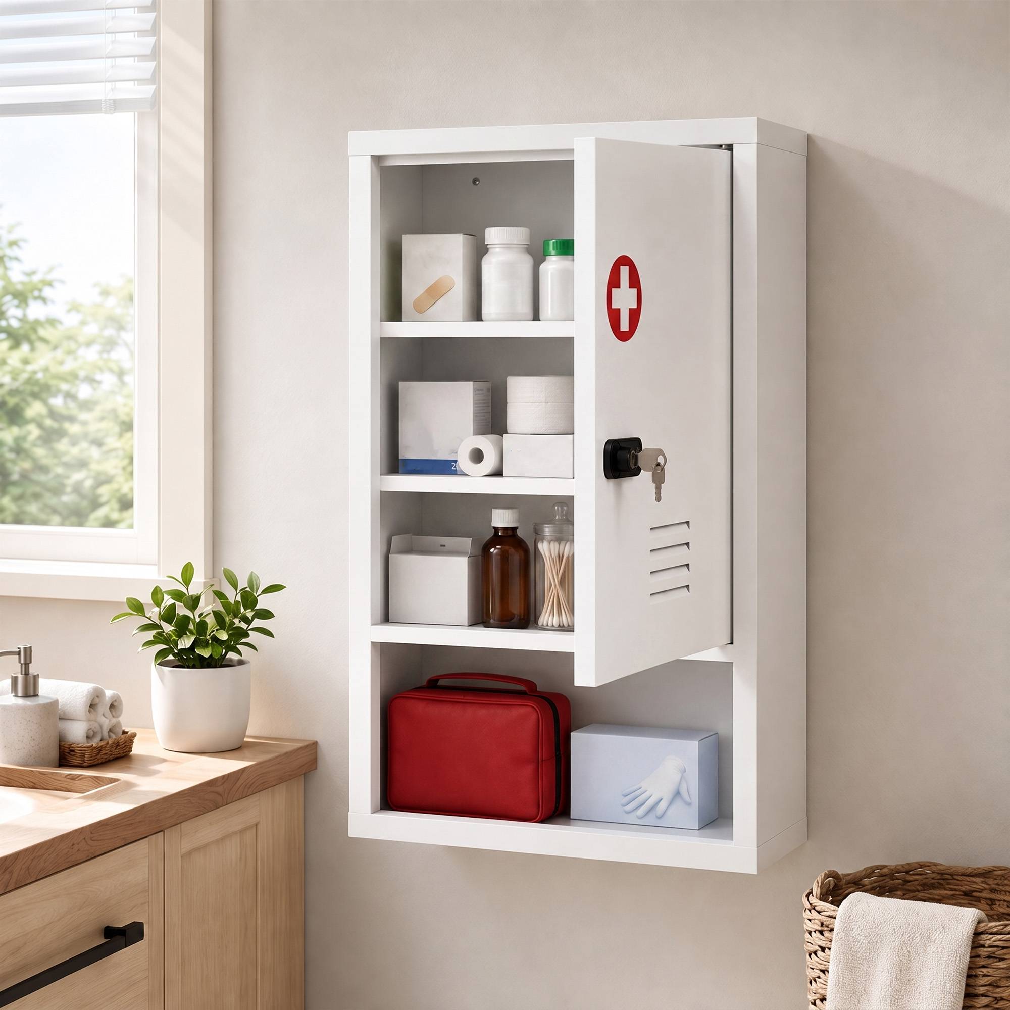 Sans Marque - Armoire pharmacie murale serrure combinaison clé 3 niveaux verrouillable blanche - Image 4