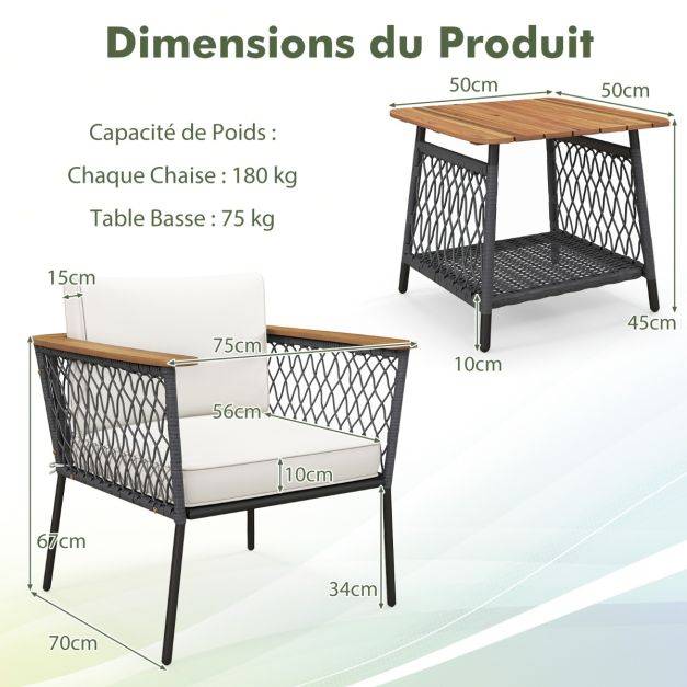 Helloshop26 - Ensemble 3 pièces salon en rotin avec table basse à 2 niveaux accoudoirs et plateau de table en bois d'acacia coussins de siège blanc - Imagen 5