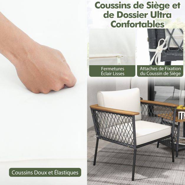 Helloshop26 - Ensemble 3 pièces salon en rotin avec table basse à 2 niveaux accoudoirs et plateau de table en bois d'acacia coussins de siège blanc - Imagen 4