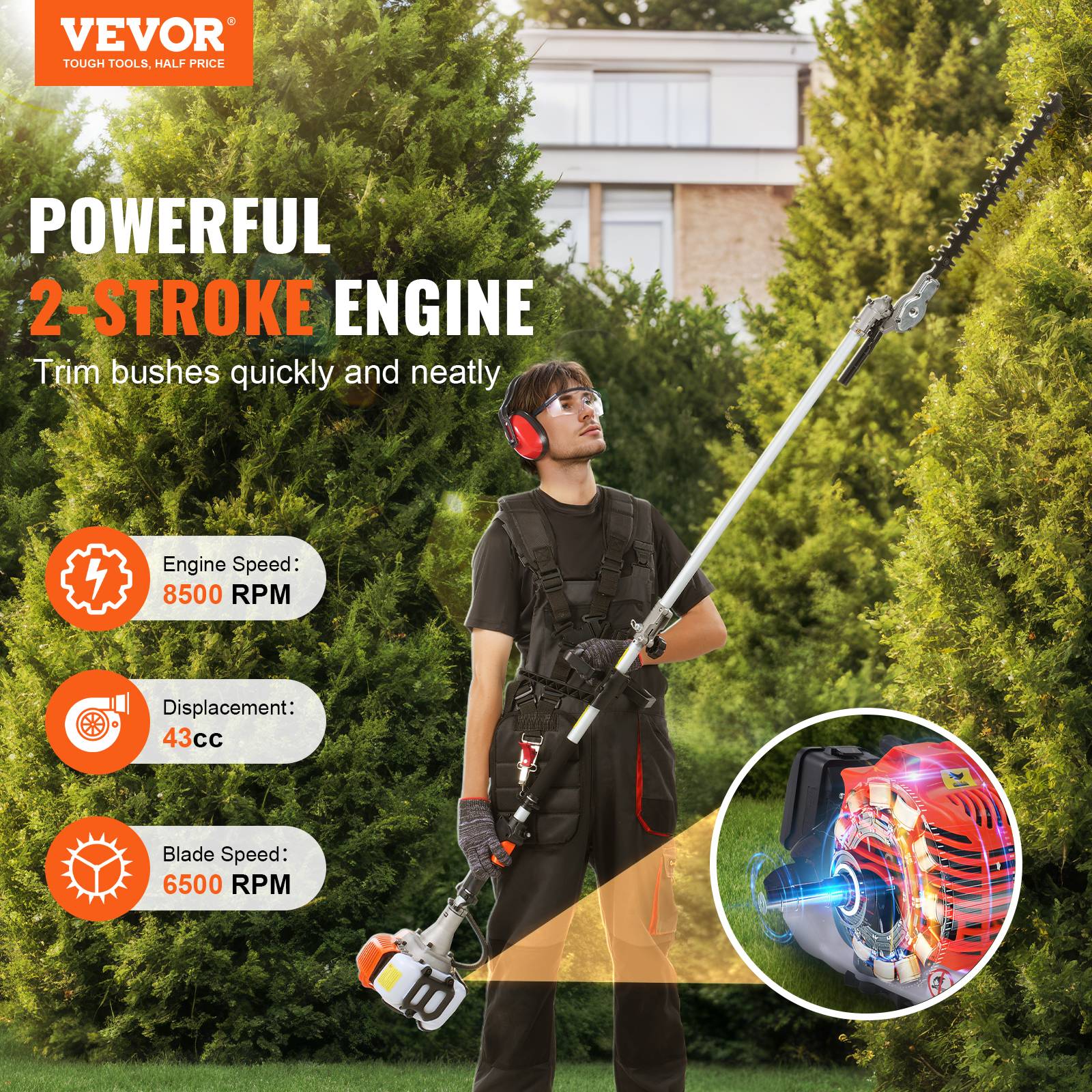 VEVOR Outil 6-en-1 à gaz 43cc pour élagage : taille-haie, débrousailleuse, scie à perche, tronçonneuse. - Image 2