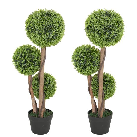 Set 2 buis artificiels 3 sphères, pot/fond renforcé, 90cm, int/ext - Image 1