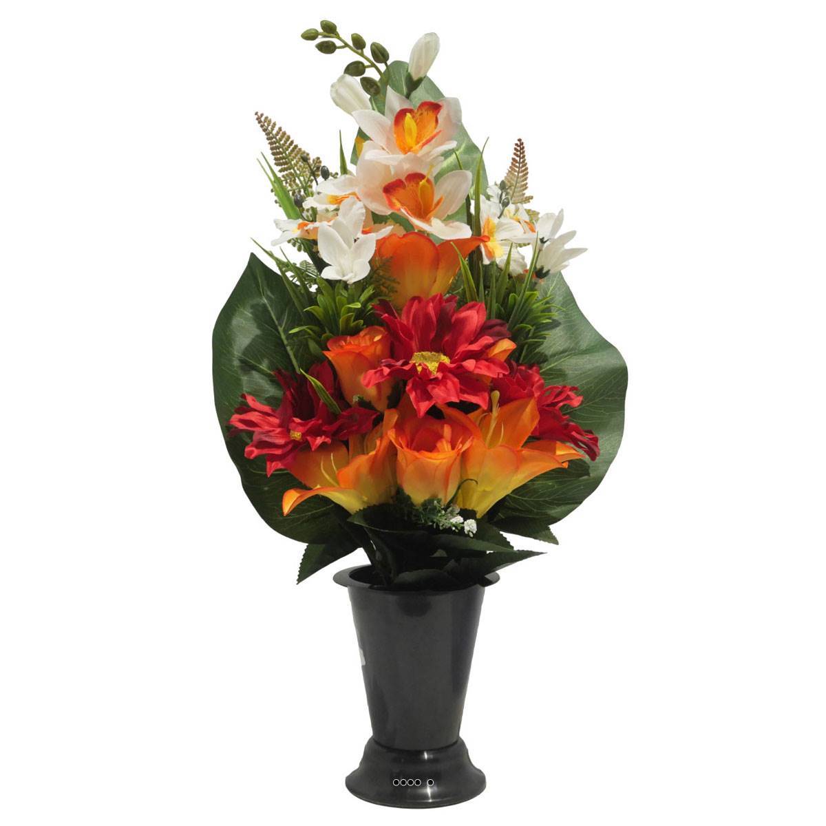 Artificielles - Pot Cone de fleurs artificielles Rose, Lys, Gerbera et Orchidée Orange pour la Toussaint - couleur: Orange - Imagen 1