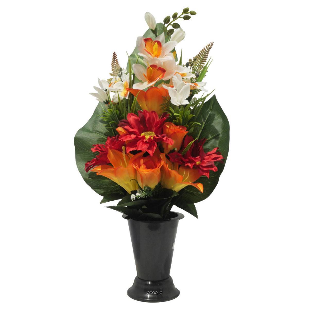 Artificielles - Pot Cone de fleurs artificielles Rose, Lys, Gerbera et Orchidée Orange pour la Toussaint - couleur: Orange - Imagen 2