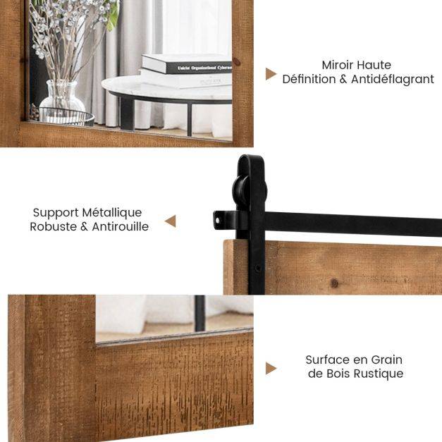 Helloshop26 - Miroir mural rustique avec cadre en bois massif et support en métal 76 x 56 cm miroir décoratif de style porte de grange rectangulaire marron - Imagen 4