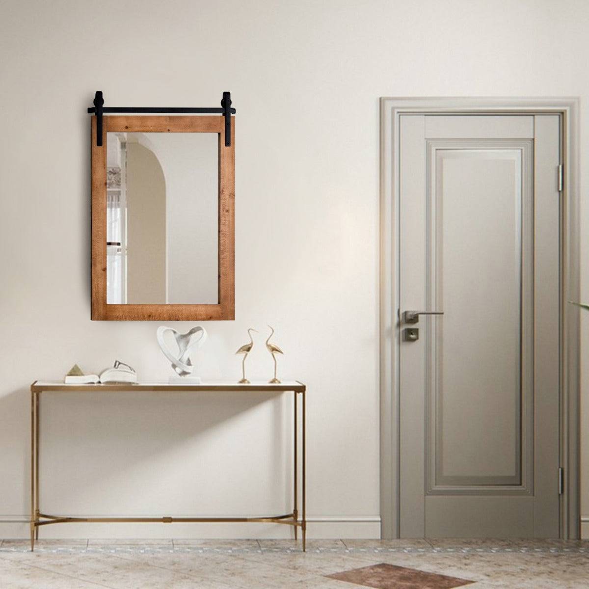 Helloshop26 - Miroir mural rustique avec cadre en bois massif et support en métal 76 x 56 cm miroir décoratif de style porte de grange rectangulaire marron - Imagen 2