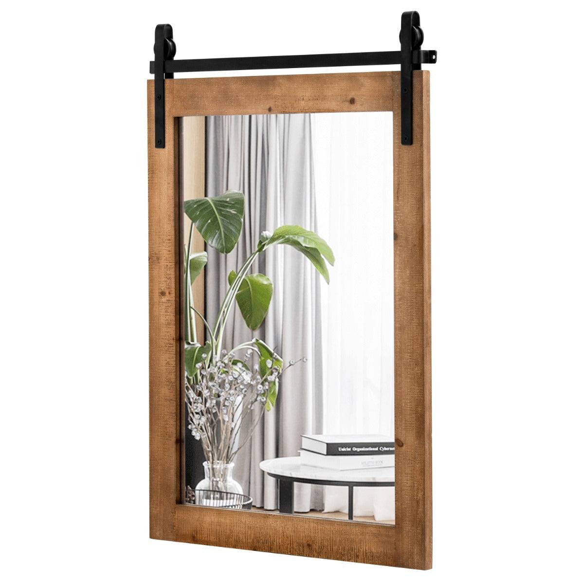 Helloshop26 - Miroir mural rustique avec cadre en bois massif et support en métal 76 x 56 cm miroir décoratif de style porte de grange rectangulaire marron - Imagen 1