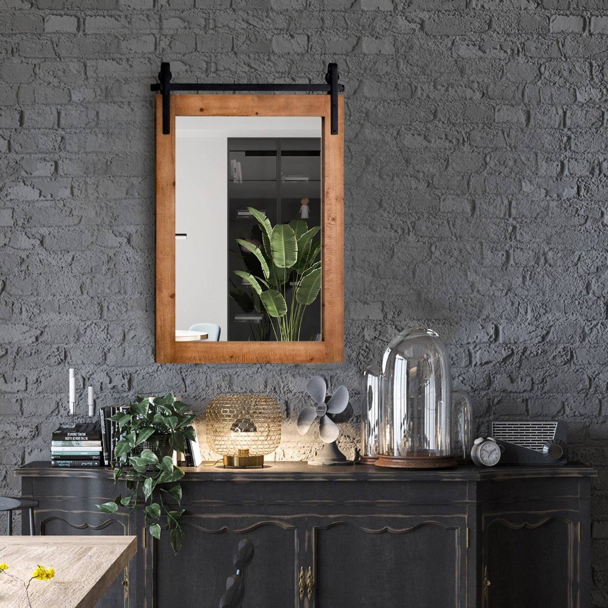 Helloshop26 - Miroir mural rustique avec cadre en bois massif et support en métal 76 x 56 cm miroir décoratif de style porte de grange rectangulaire marron - Imagen 3