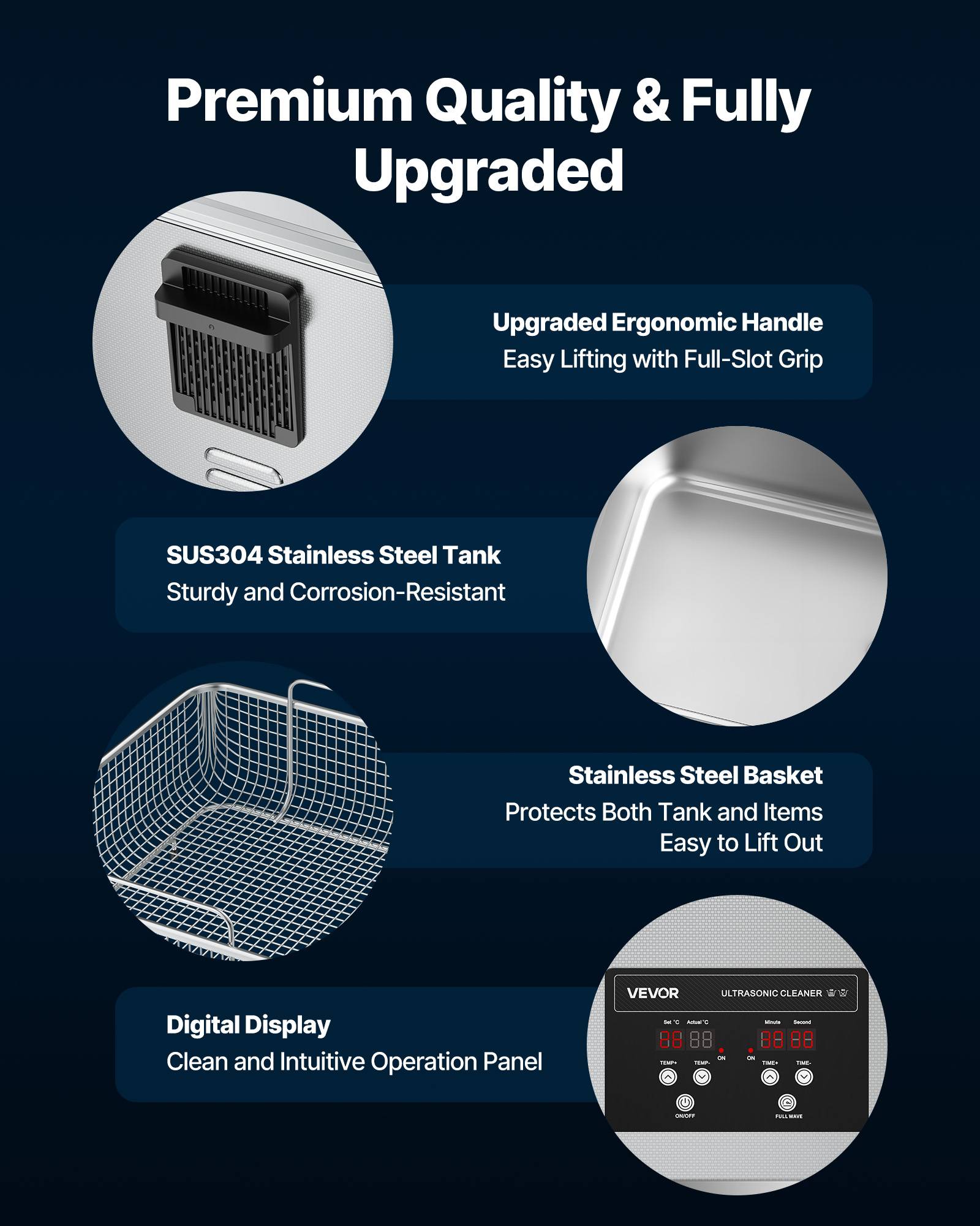 Vevor - VEVOR Nettoyeur à ultrasons 15 L, 240 W ultrasonique 40 kHz, panier inox et affichage numérique, pour bijoux montres lunettes et pièces - Image 7