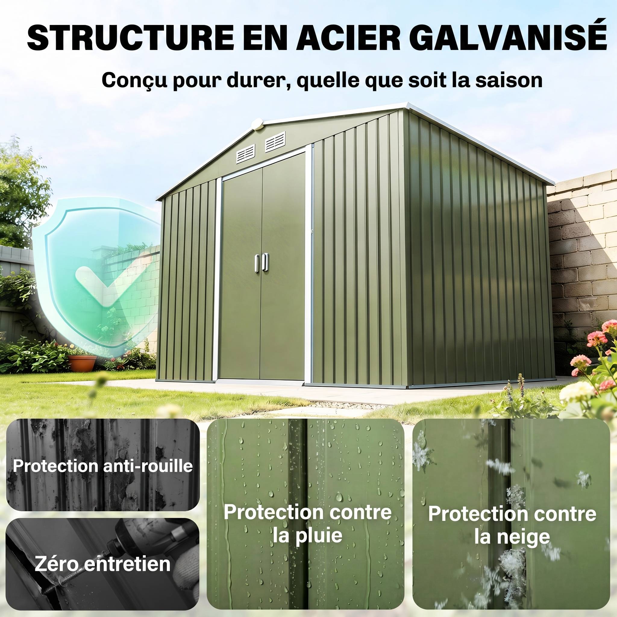 Abri de jardin 5,4 m² 2,77 x 1,95 x 1,92 m kit de fondation porte coulissante ventilations acier galvanisé, vert clair - Image 6