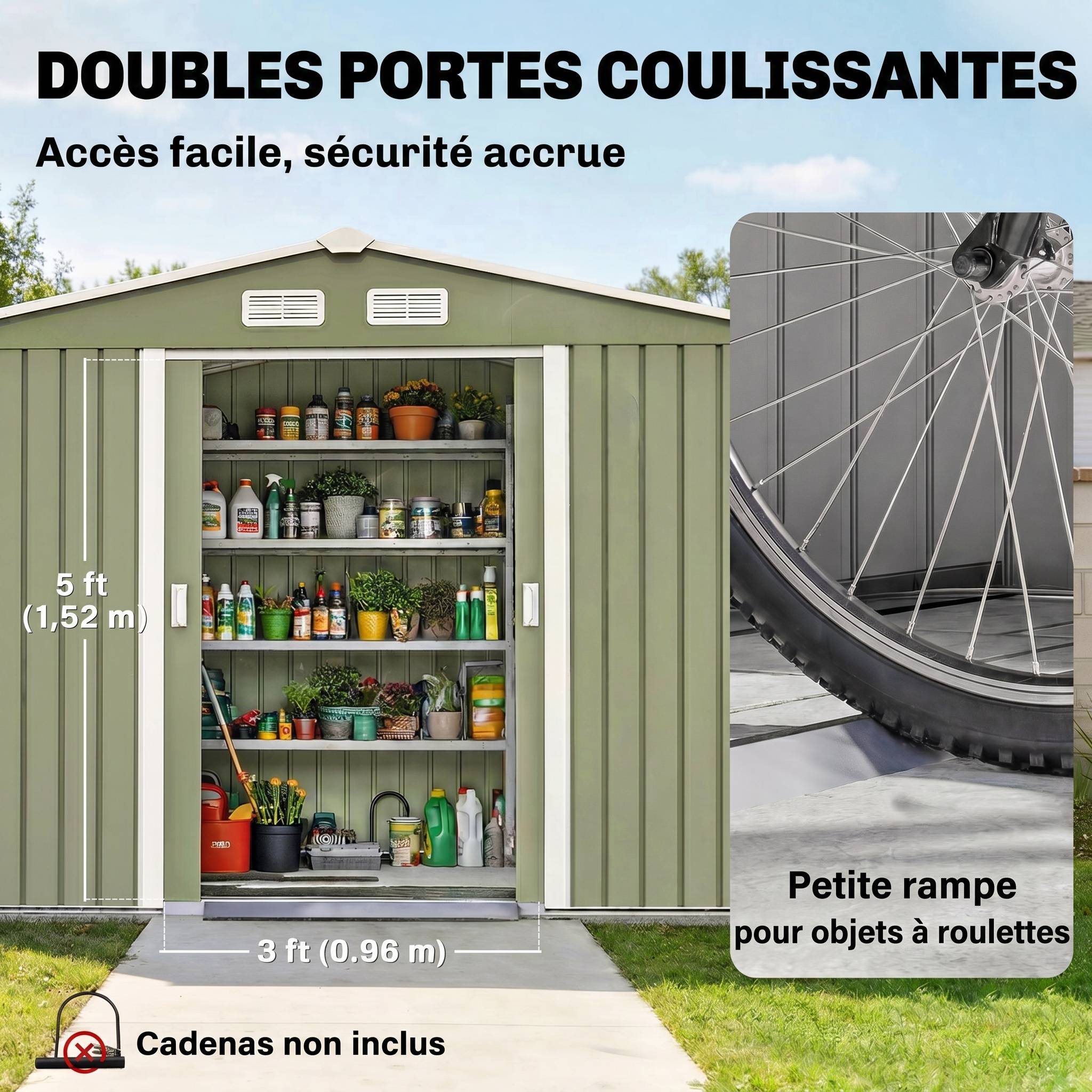Abri de jardin 5,4 m² 2,77 x 1,95 x 1,92 m kit de fondation porte coulissante ventilations acier galvanisé, vert clair - Image 7