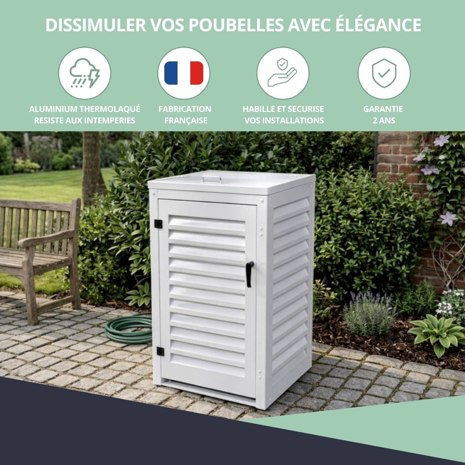 Cache Poubelle Extérieur Simple en Aluminium thermolaqué - Abri pour 1 conteneur 240 Litres – Blanc RAL 9010 - Image 7