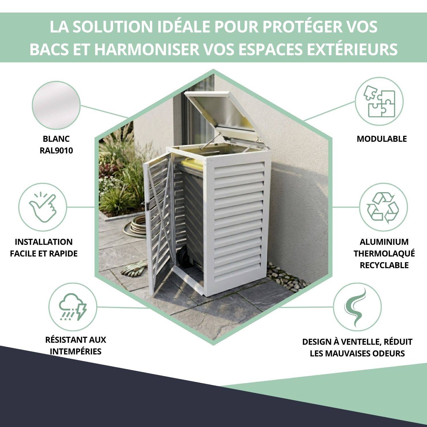 Cache Poubelle Extérieur Simple en Aluminium thermolaqué - Abri pour 1 conteneur 240 Litres – Blanc RAL 9010 - Image 2