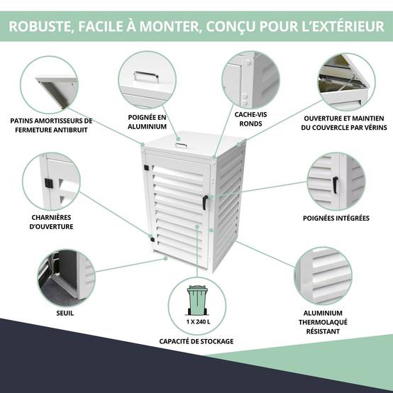 Cache Poubelle Extérieur Simple en Aluminium thermolaqué - Abri pour 1 conteneur 240 Litres – Blanc RAL 9010 - Image 5