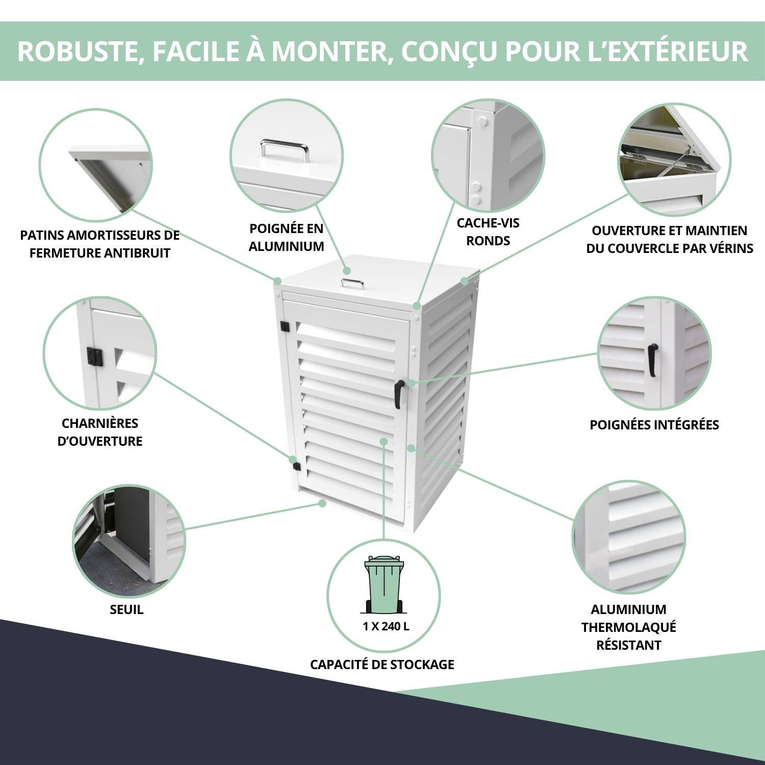 Cache Poubelle Extérieur Simple en Aluminium thermolaqué - Abri pour 1 conteneur 240 Litres – Blanc RAL 9010 - Image 5