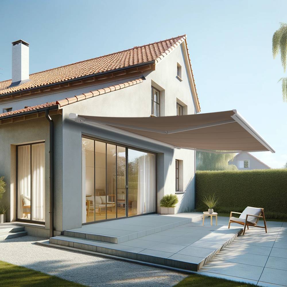 Store banne coffre MEEL 6,00x3,50m (Manuelle - Taupe - Blanc) - Alia Productions - Imagen 1