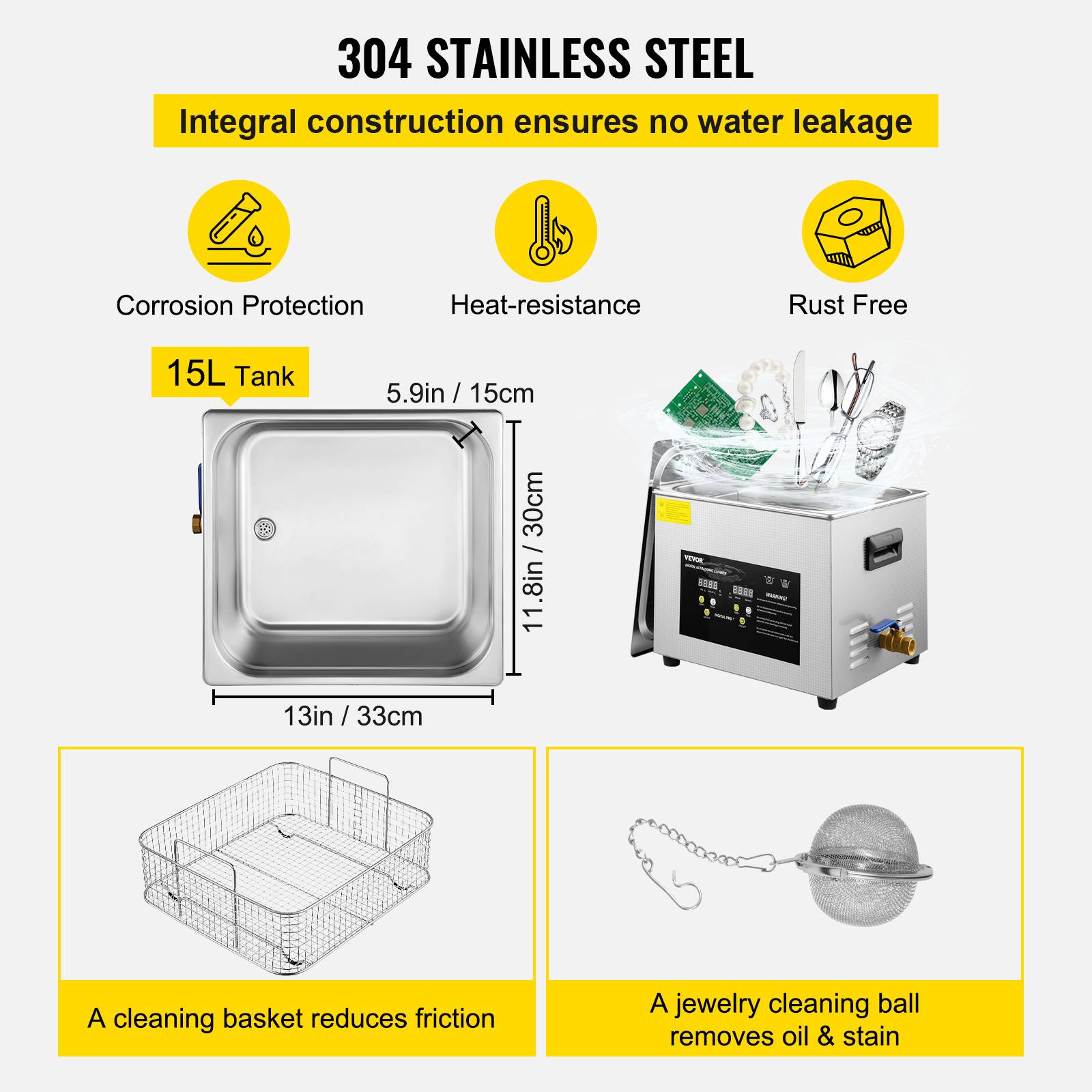 Vevor - VEVOR Nettoyeur à Ultrasons Numérique 15 L avec Chauffage Minuterie 600 W 40 kHz - Image 5