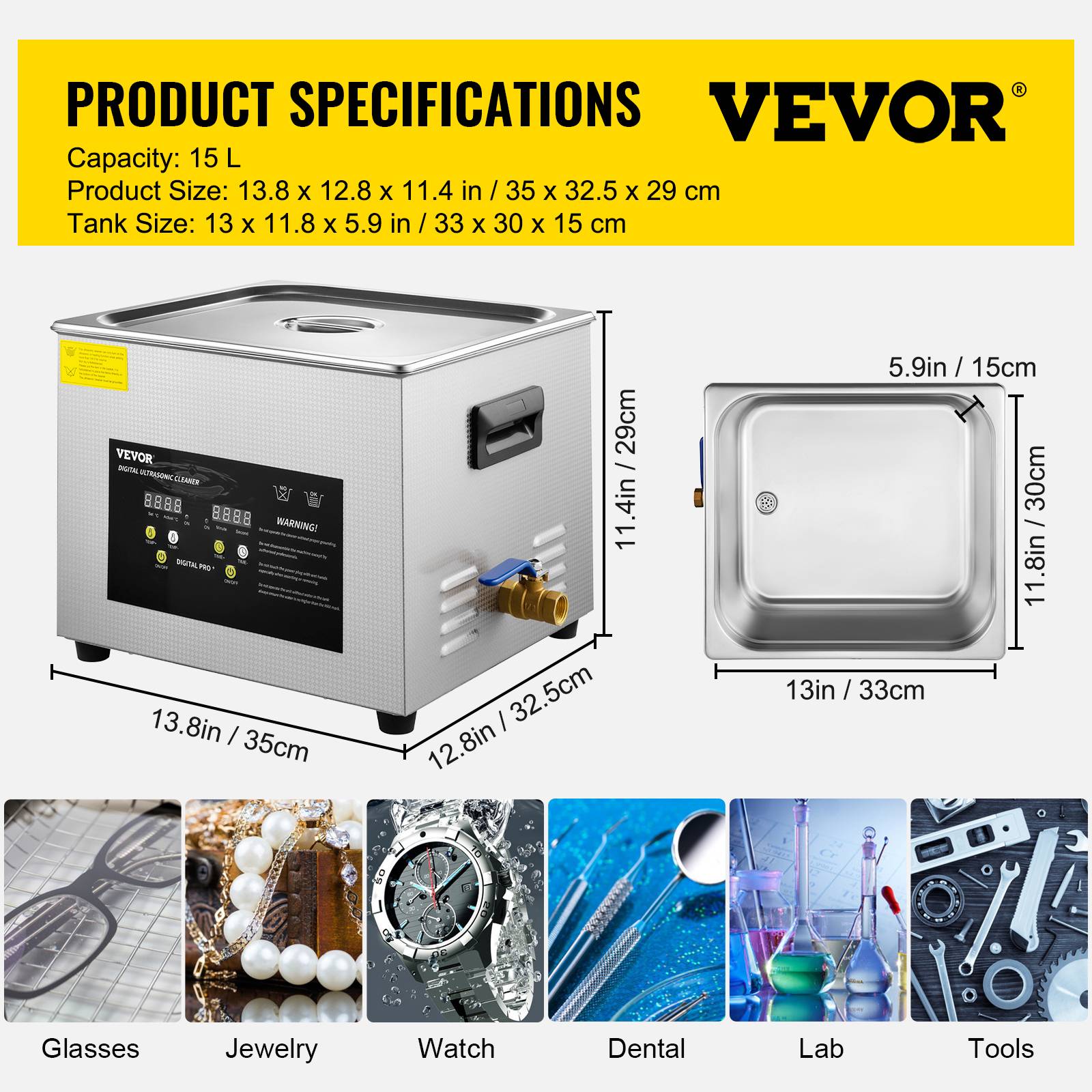 Vevor - VEVOR Nettoyeur à Ultrasons Numérique 15 L avec Chauffage Minuterie 600 W 40 kHz - Image 7