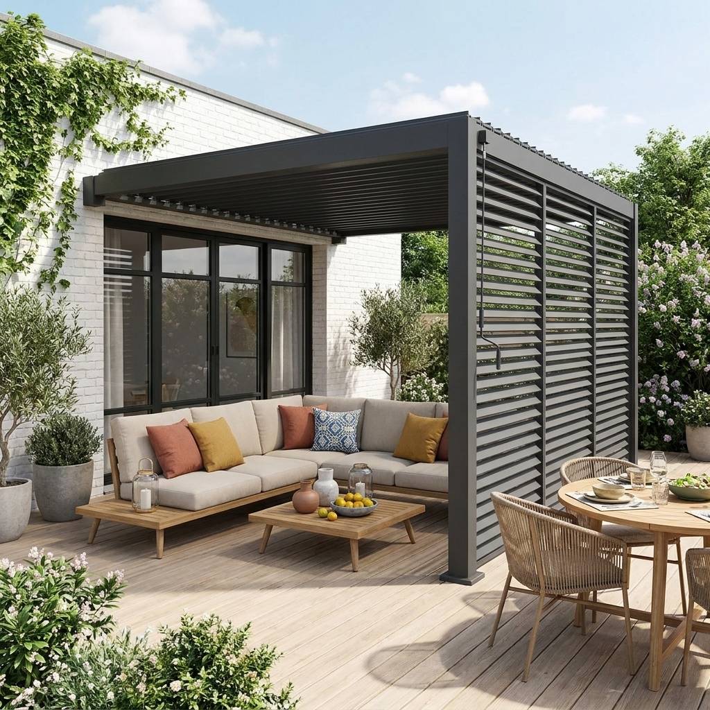 sweeek - Pergola bioclimatique aluminium adossée 4x3m + 3 persiennes 130cm anthracite Triomphe | sweeek - Image 1