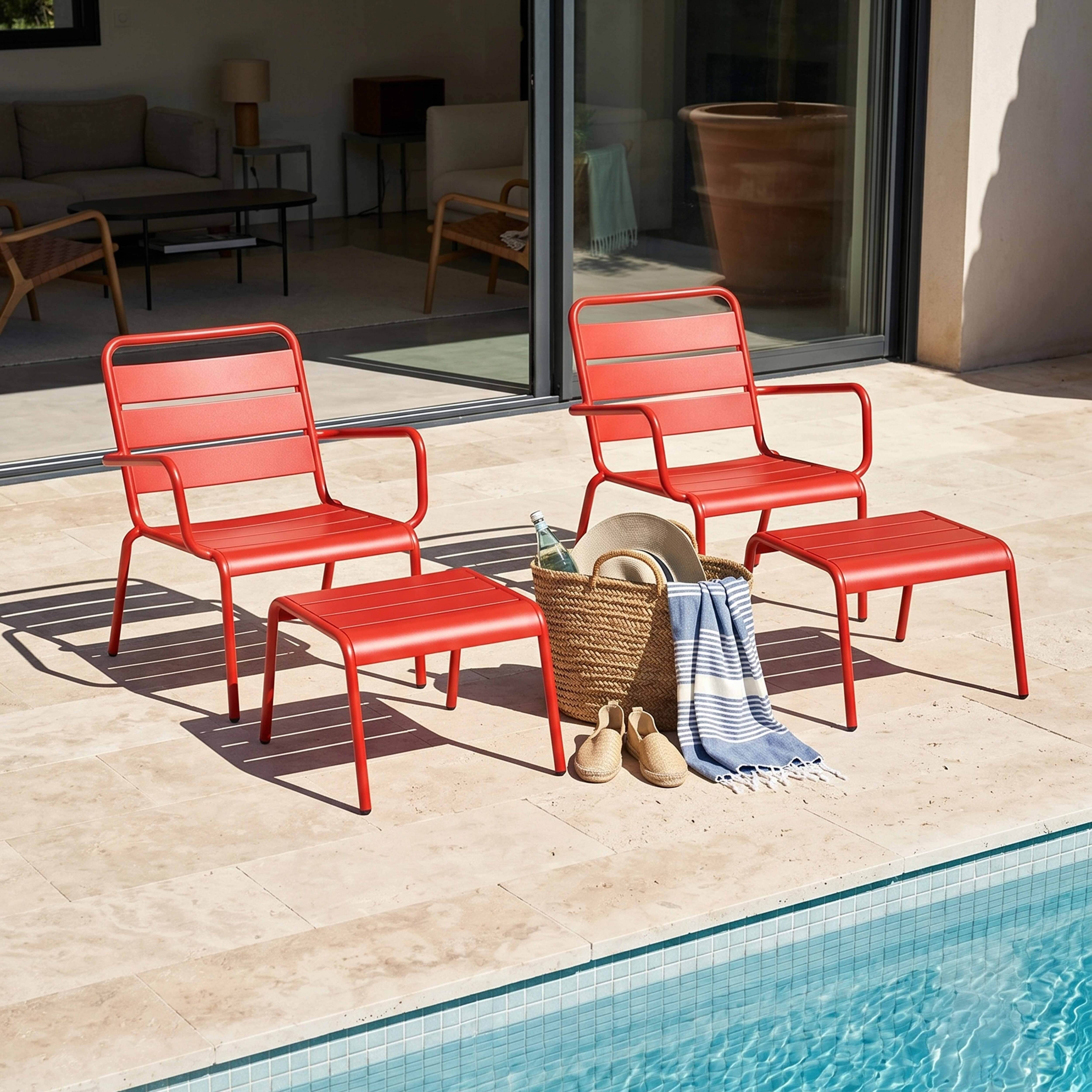 Oviala - Lot de 2 fauteuils relax avec repose-pieds en métal rouge Palavas - Oviala - Imagen 2