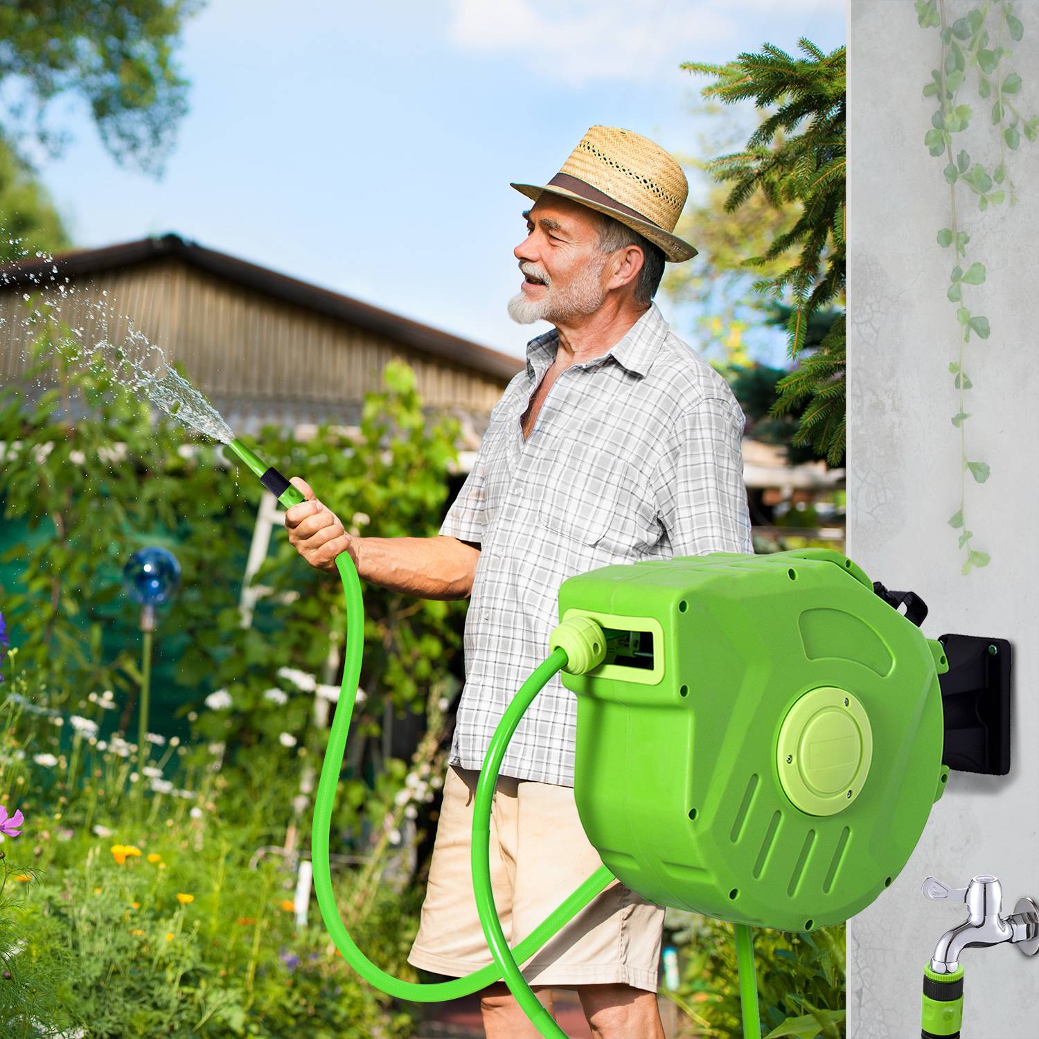 Outsunny - Dévidoir mural enrouleur automatique pivotant 180° tuyau 20 + 2 m avec lance arrosage support mural intégré vert - Outsunny - Imagen 2