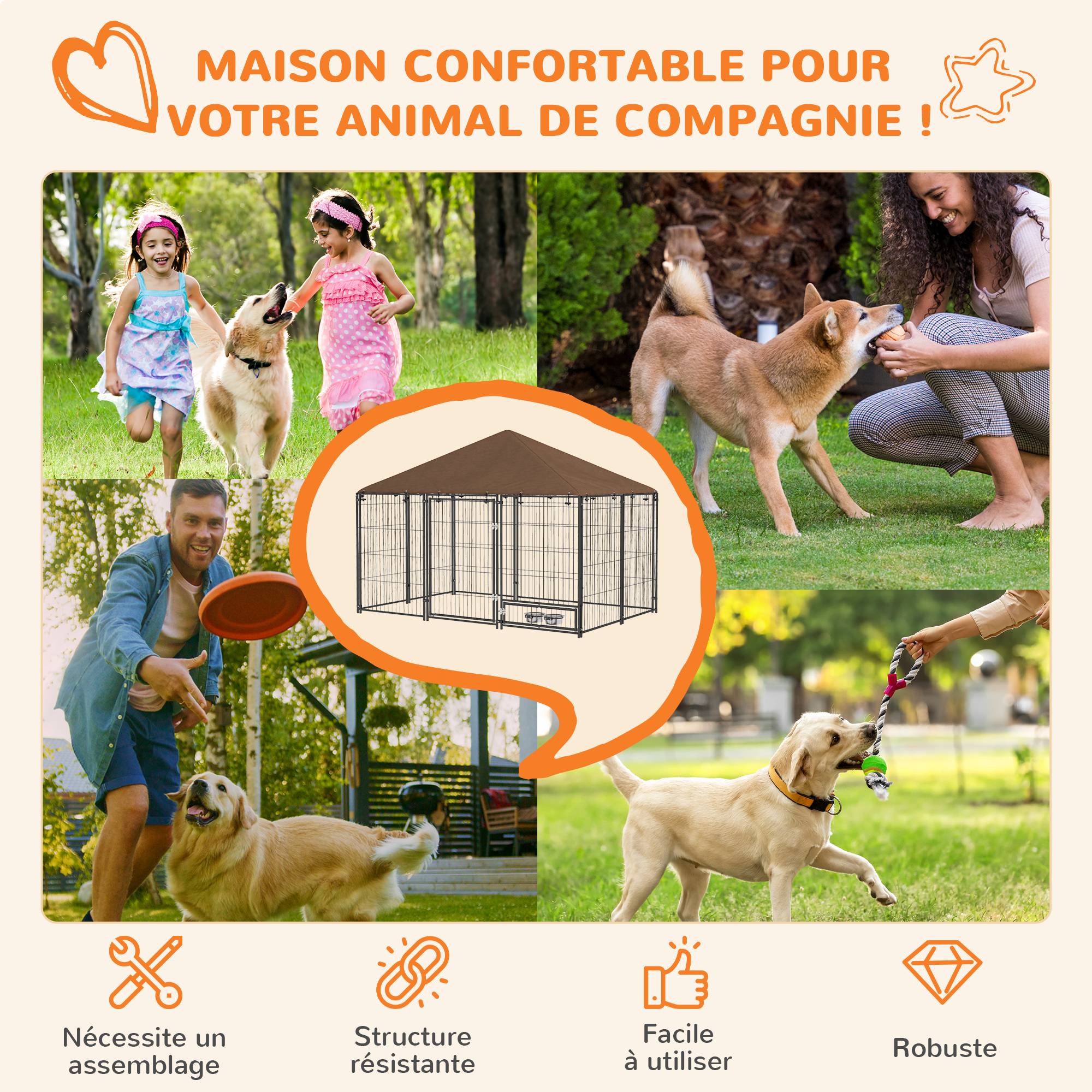 Grand chenil extérieur en acier pour chiens avec toit imperméable 211x141cm Marron - ComfortXL Outdoor Living - Image 6