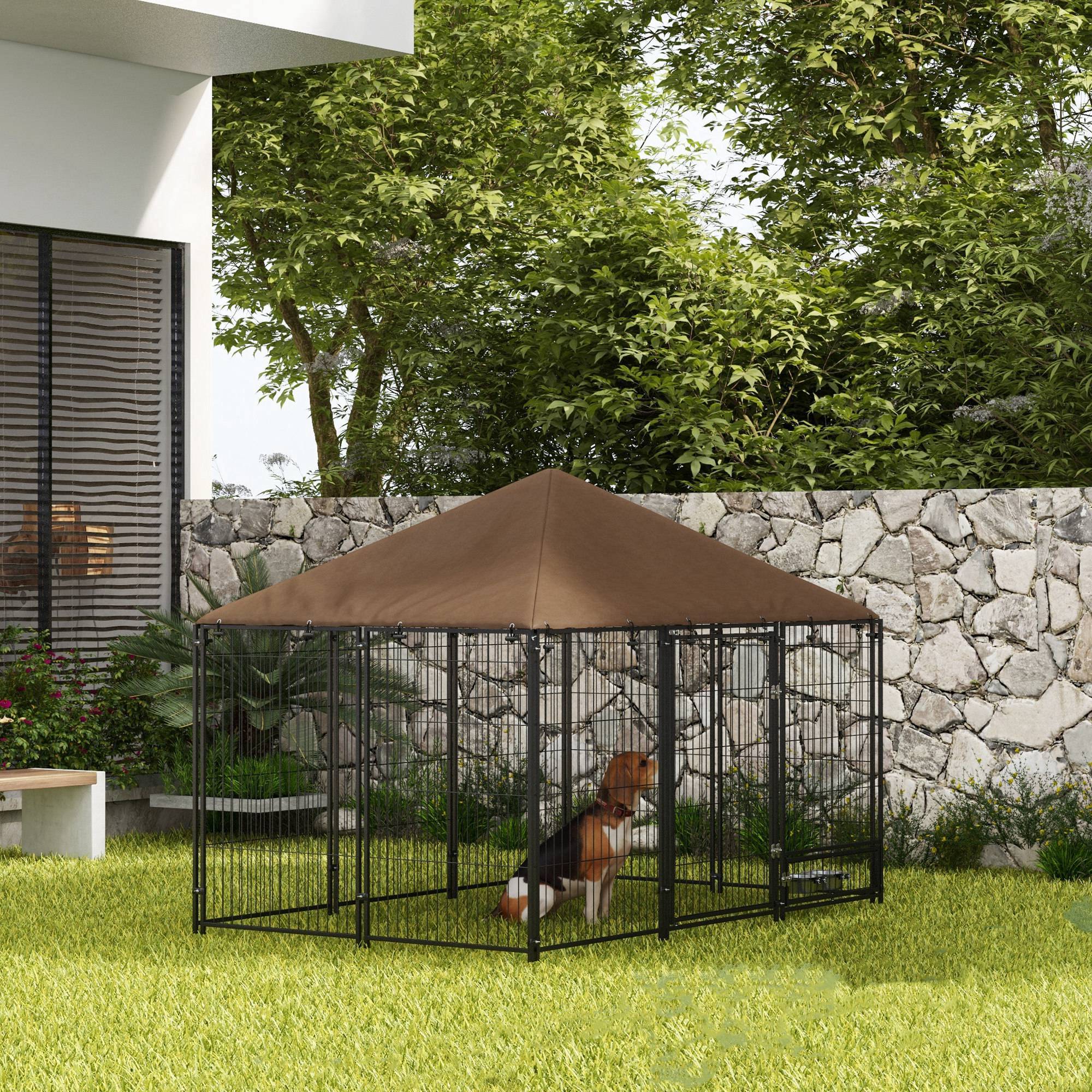 Grand chenil extérieur en acier pour chiens avec toit imperméable 211x141cm Marron - ComfortXL Outdoor Living - Image 4