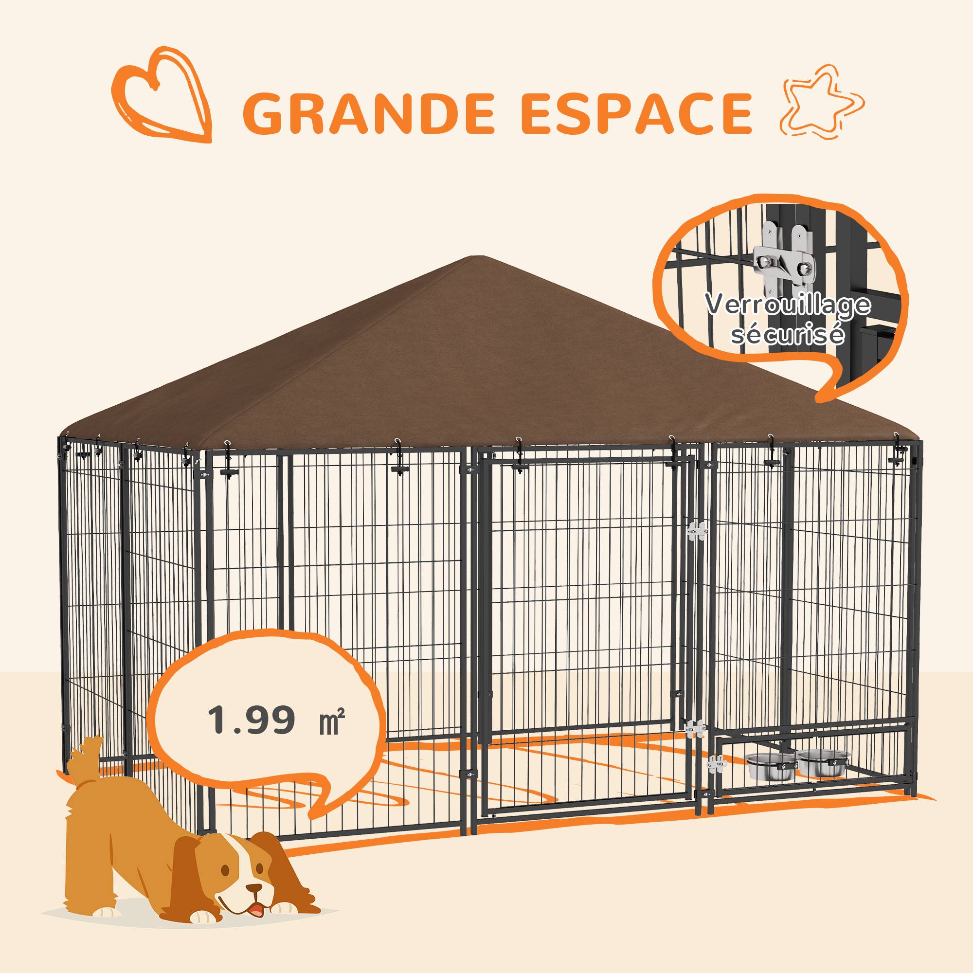 Grand chenil extérieur en acier pour chiens avec toit imperméable 211x141cm Marron - ComfortXL Outdoor Living - Image 10