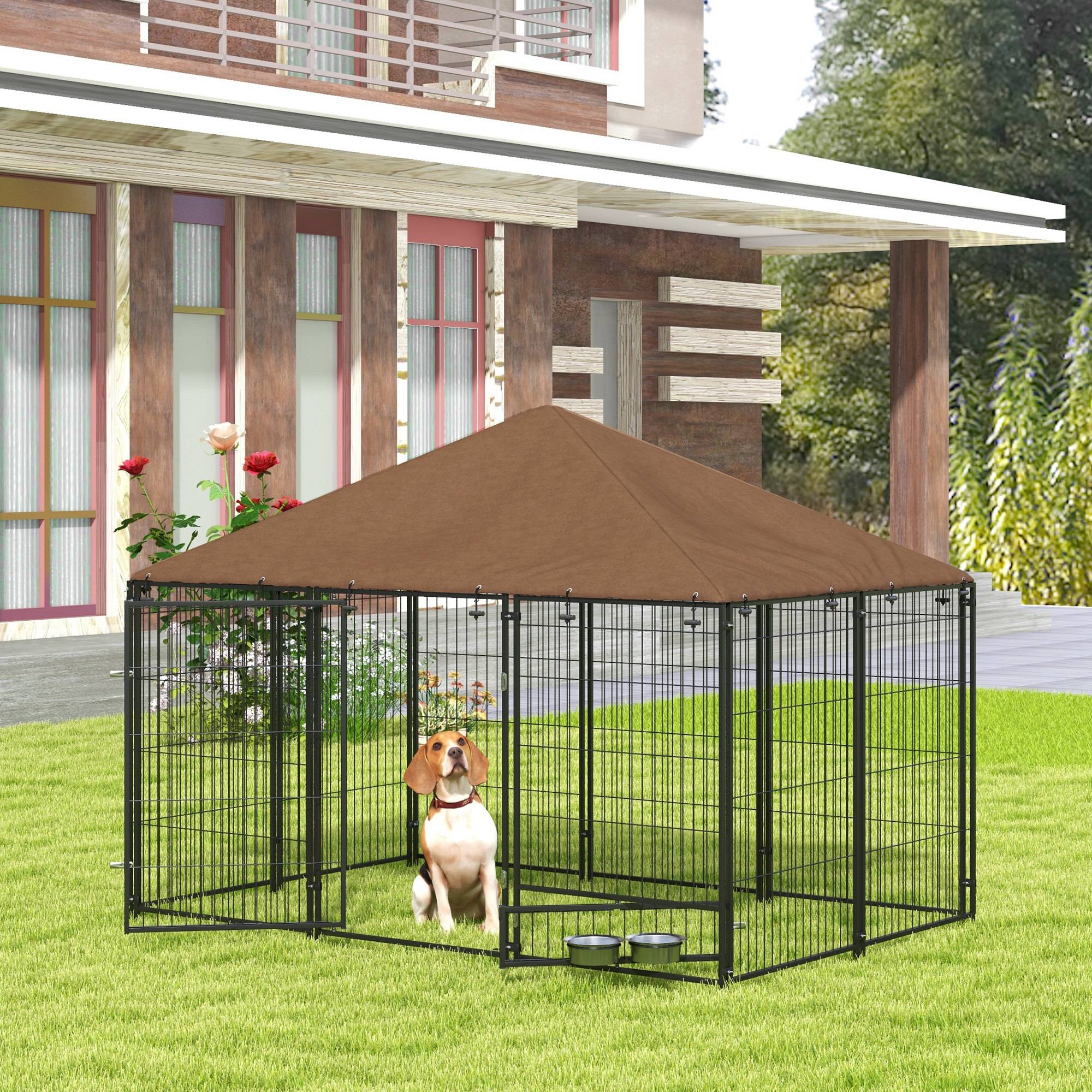 Grand chenil extérieur en acier pour chiens avec toit imperméable 211x141cm Marron - ComfortXL Outdoor Living - Image 3
