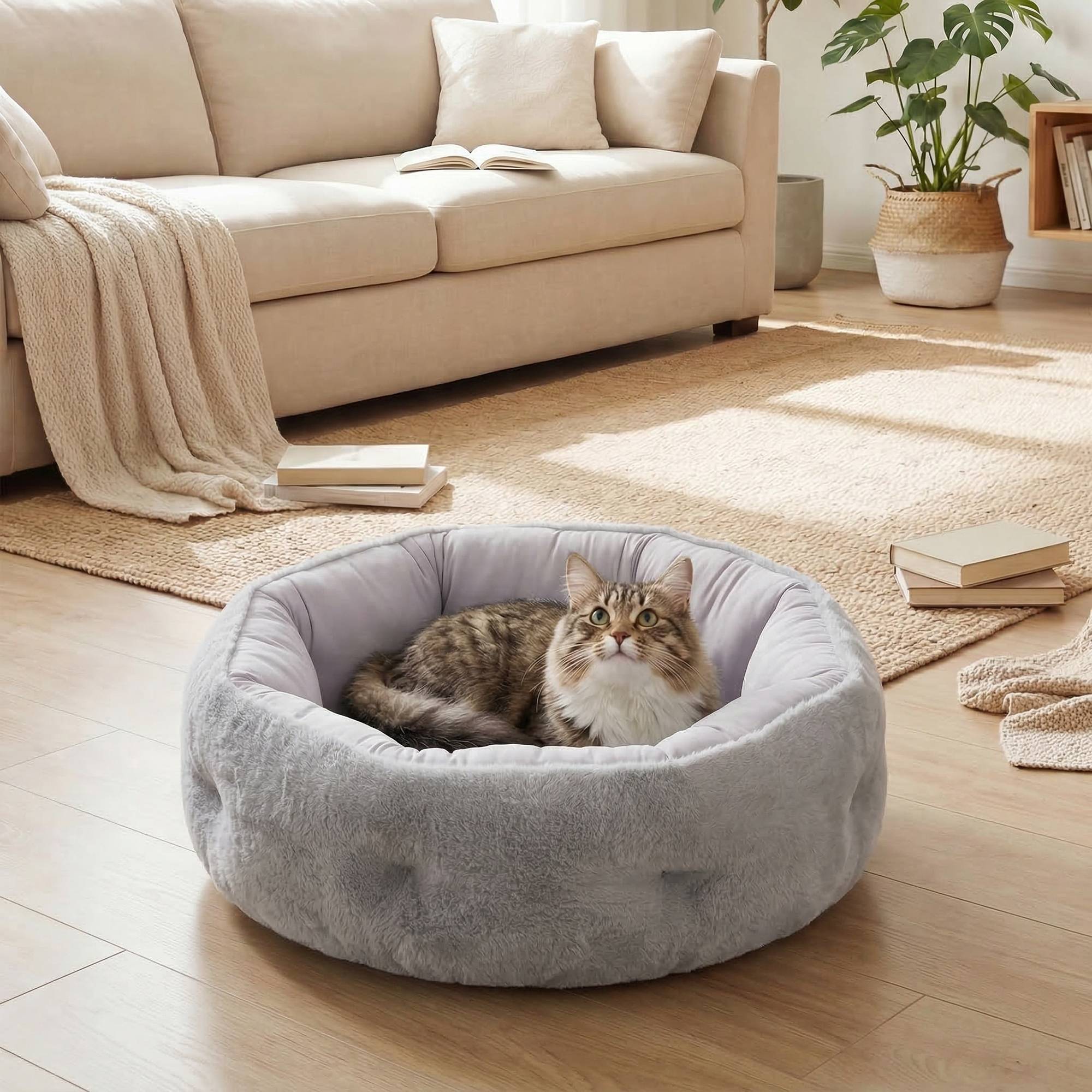 ComfortXL - Lit chat chien réversible coussin peluche 4 saisons intérieur 62x62x21cm gris - ComfortXL Outdoor Living - Image 3