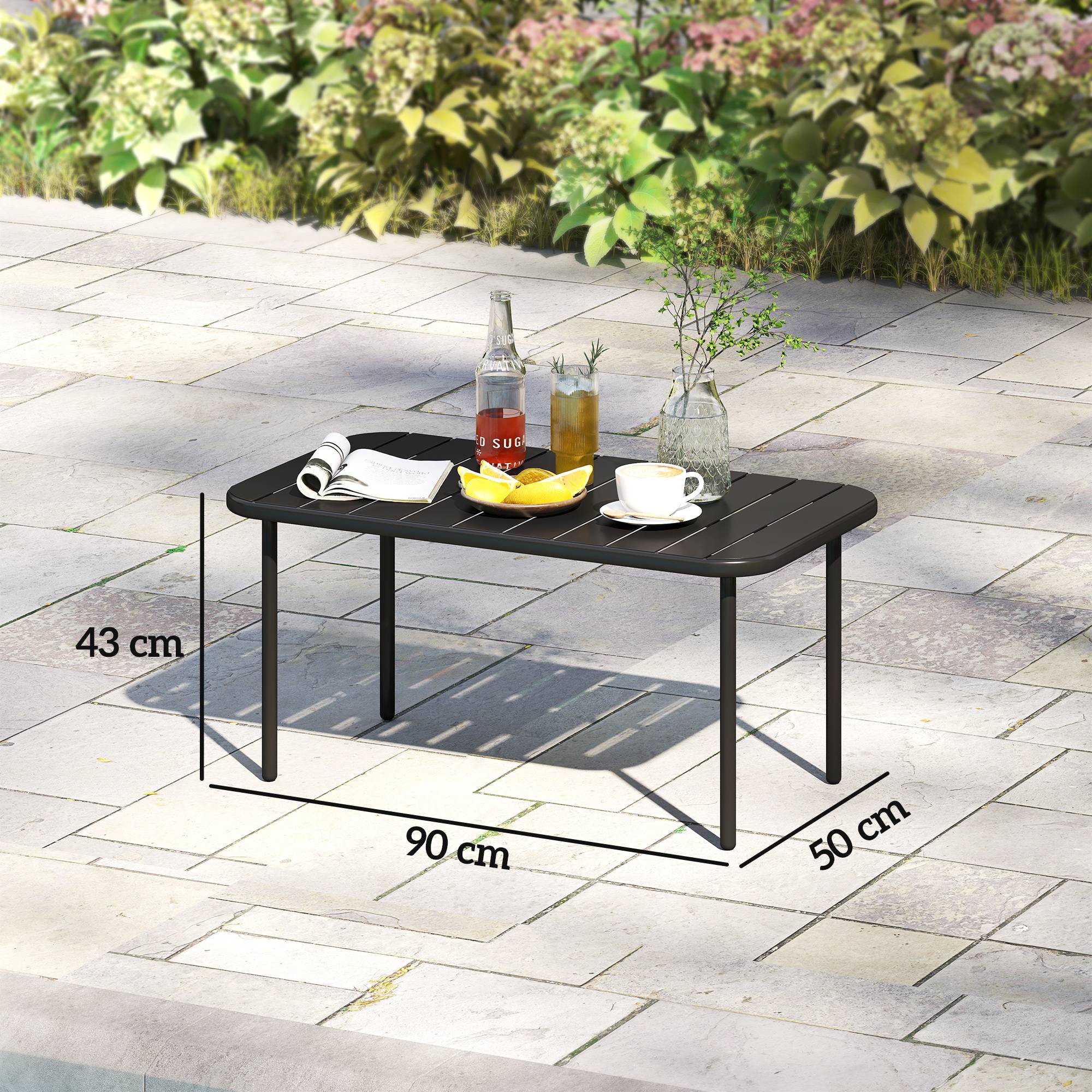 Table basse d'extérieur, table de patio rectangulaire en métal résistant aux intempéries avec plateau à lattes pour une utilisation en extérieur - Image 5