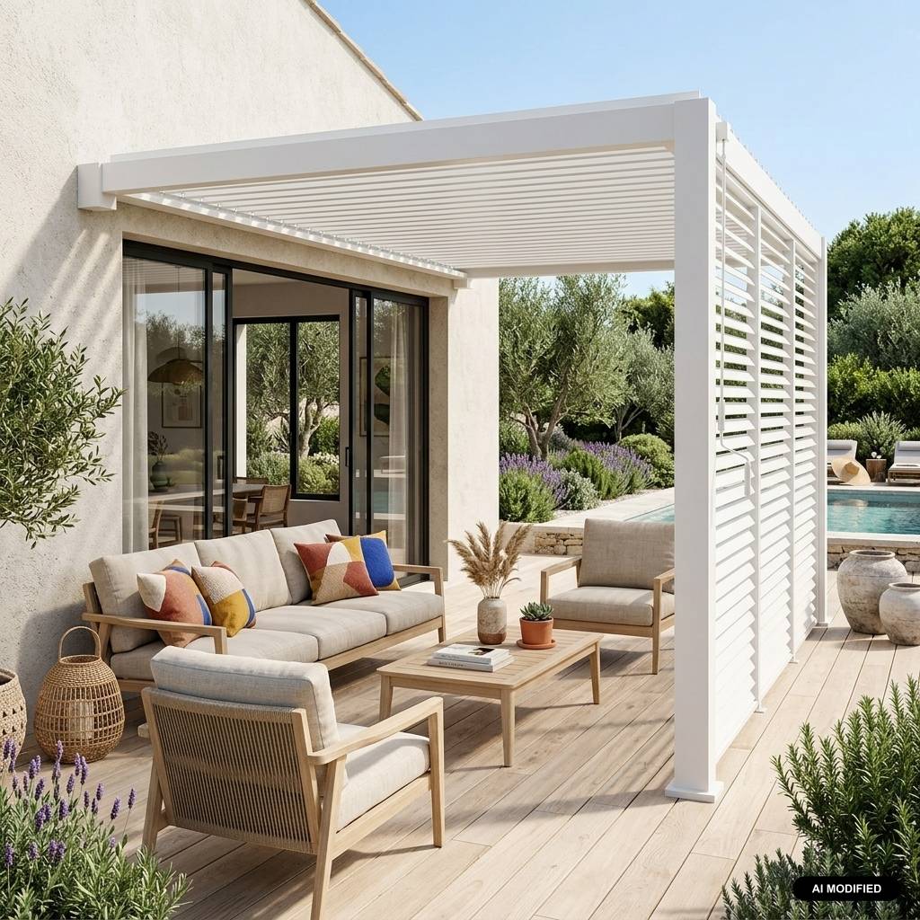 sweeek - Pergola bioclimatique aluminium adossée 4x3m + 3 persiennes 130cm blanc Triomphe | sweeek