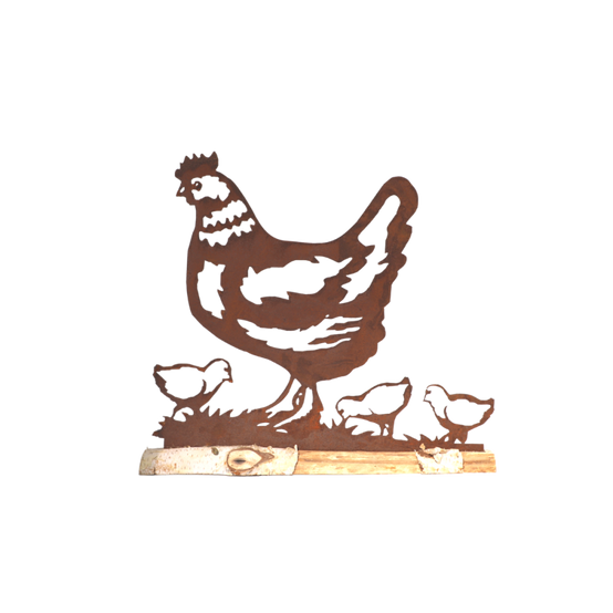 ~ Poule en bois et métal marron 42 x 38cm Chemin de campagne - Imagen 1