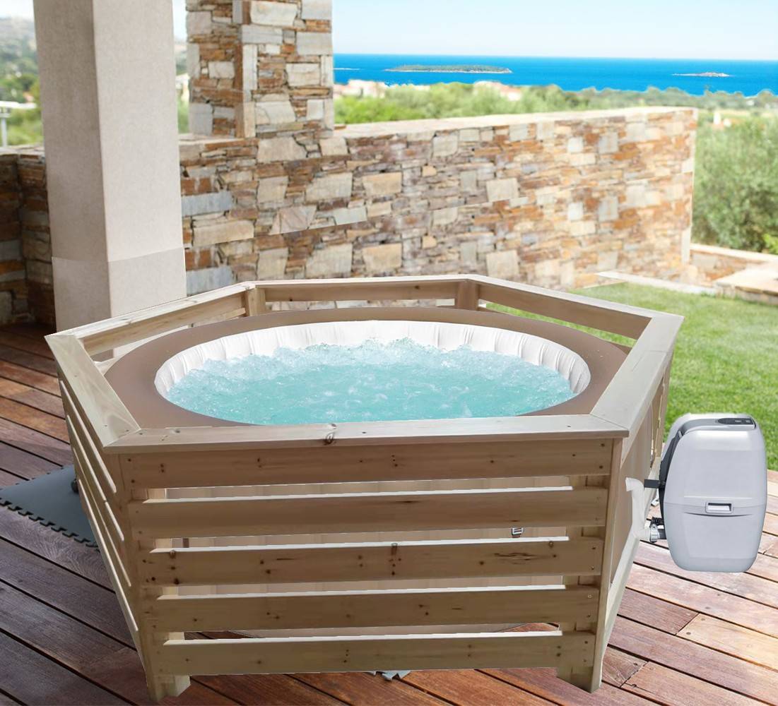 Habrita - Habillage bois hexagonal pour spas et piscines gonflables / largeur extérieure 2,35 m x largeur intérieure bord à bord 1,84 m x hauteur 0,71 m - Imagen 5