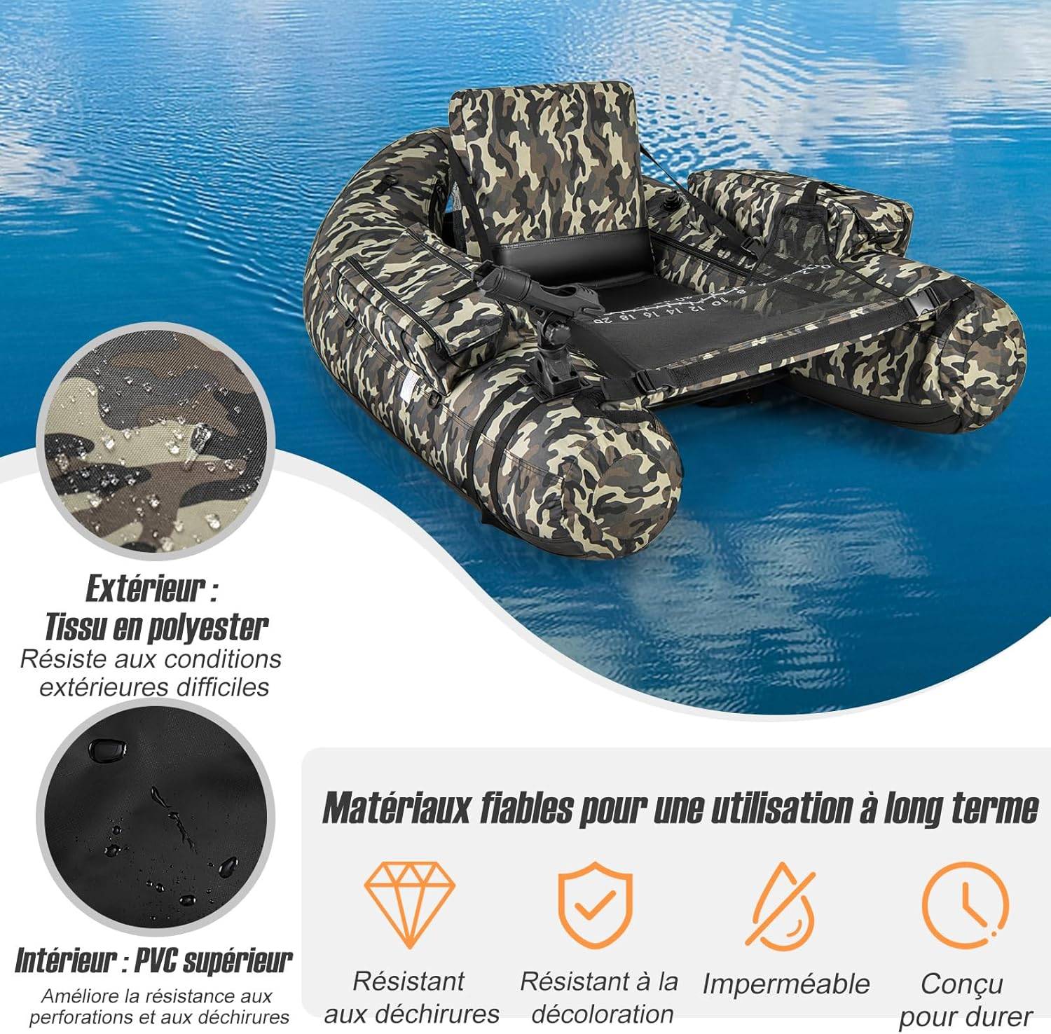 Bateau de Pêche Gonflable avec Dossier et Pagaie, Bateau Gonflable avec Règle à Poisson Support de Canne Poches de Rangement Palmes Pompe - Image 9