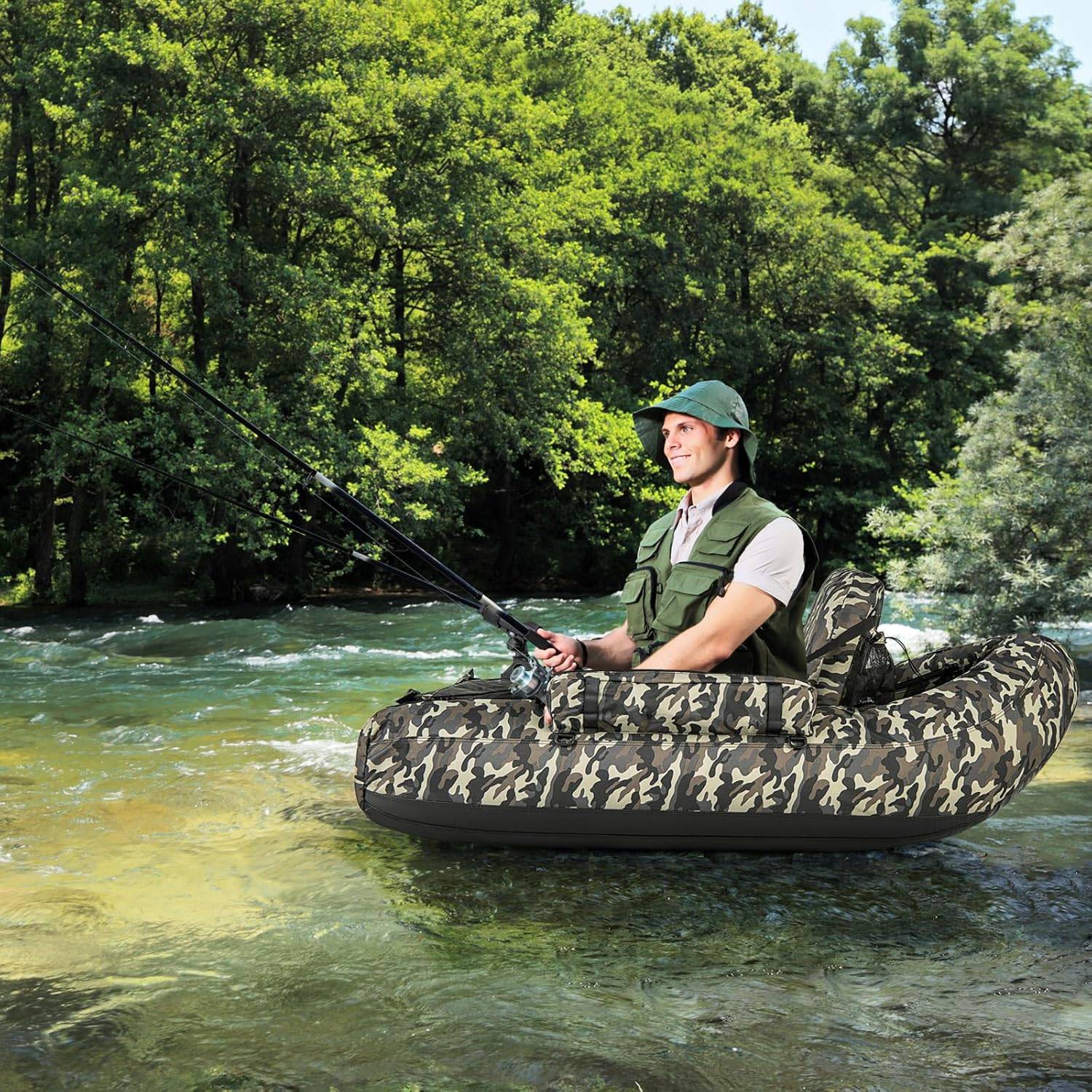 Bateau de Pêche Gonflable avec Dossier et Pagaie, Bateau Gonflable avec Règle à Poisson Support de Canne Poches de Rangement Palmes Pompe - Image 2