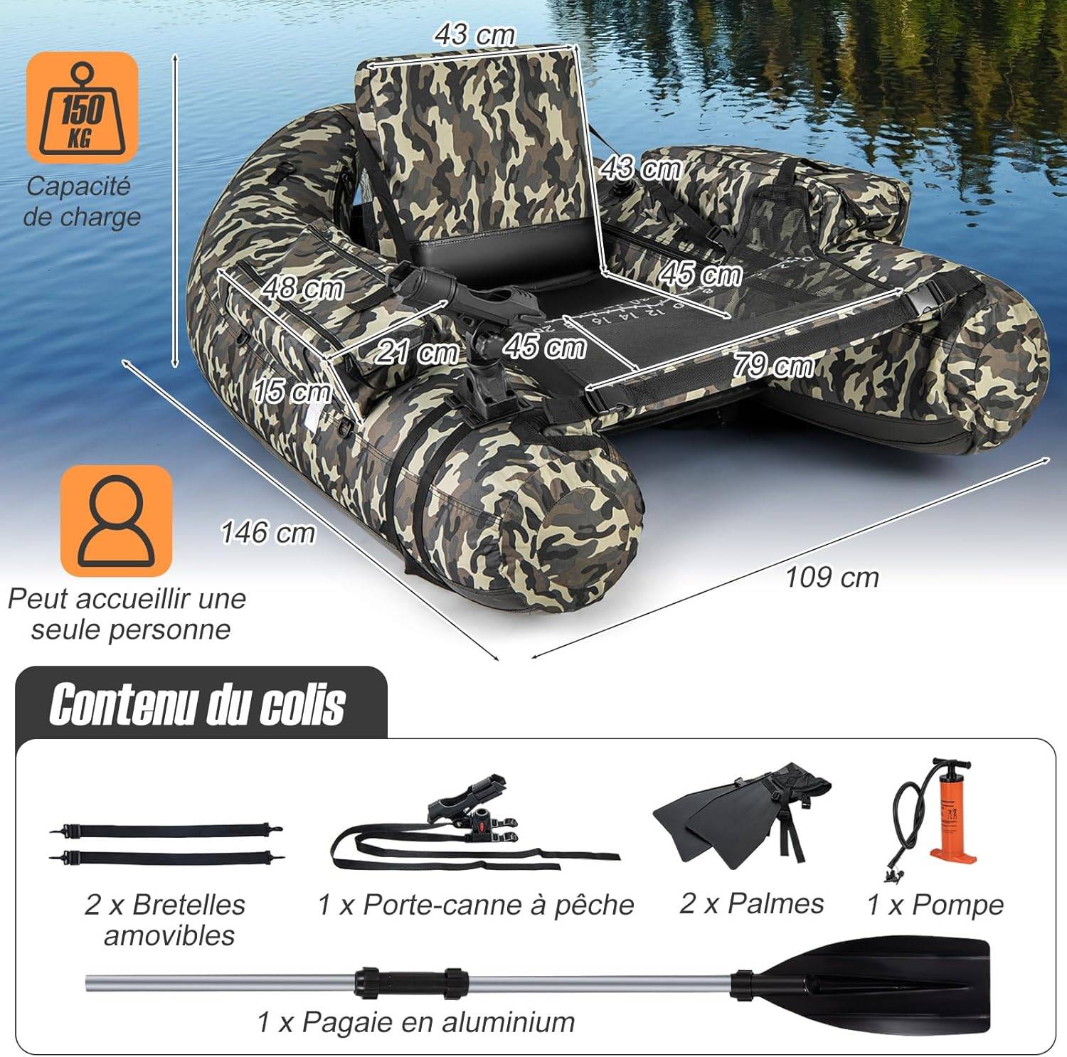 Bateau de Pêche Gonflable avec Dossier et Pagaie, Bateau Gonflable avec Règle à Poisson Support de Canne Poches de Rangement Palmes Pompe - Image 5
