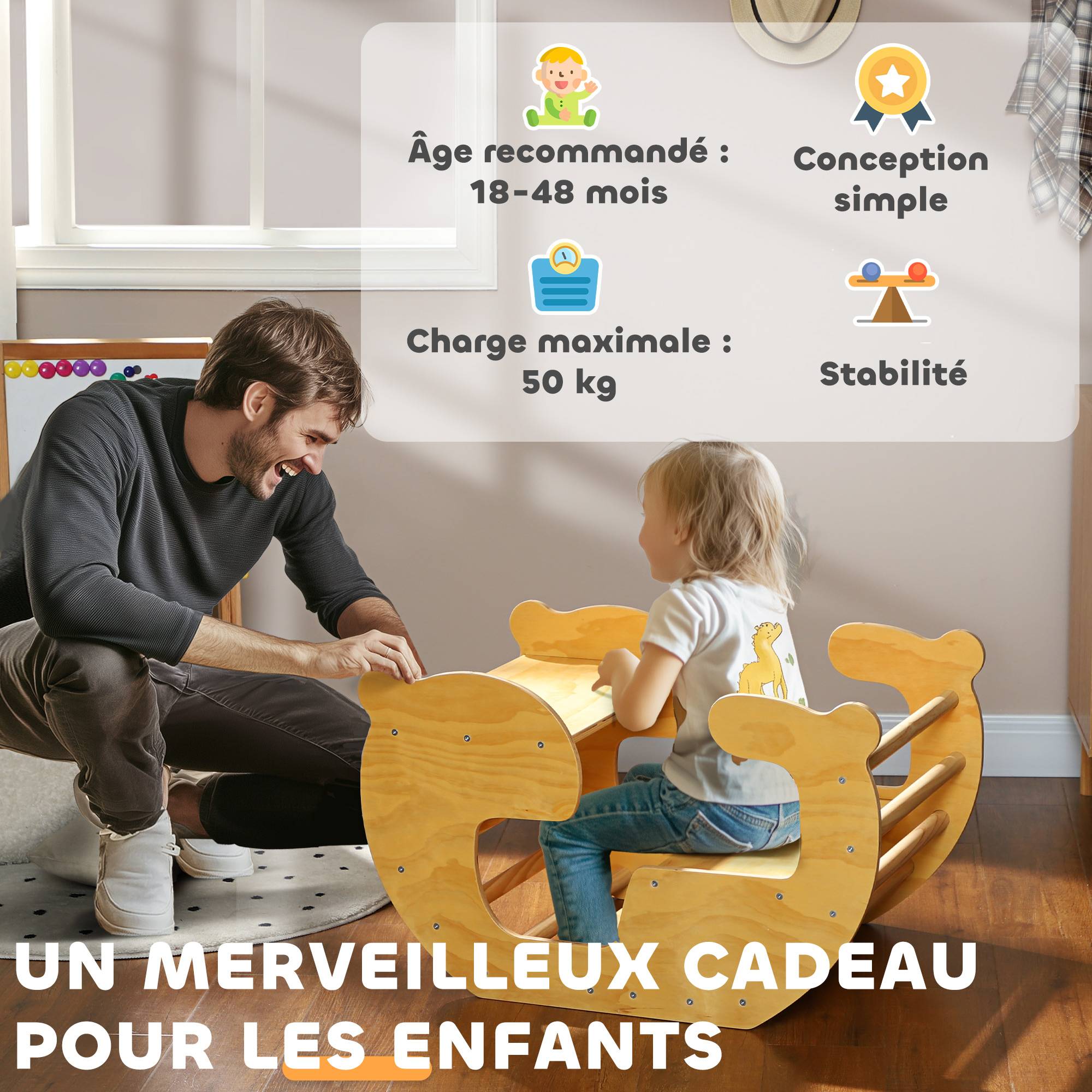 Arche d'escalade pour enfants, table à jouets pour enfants 18-48 mois, design 2 en 1, charge max. 50 kg, bois naturel - Image 9