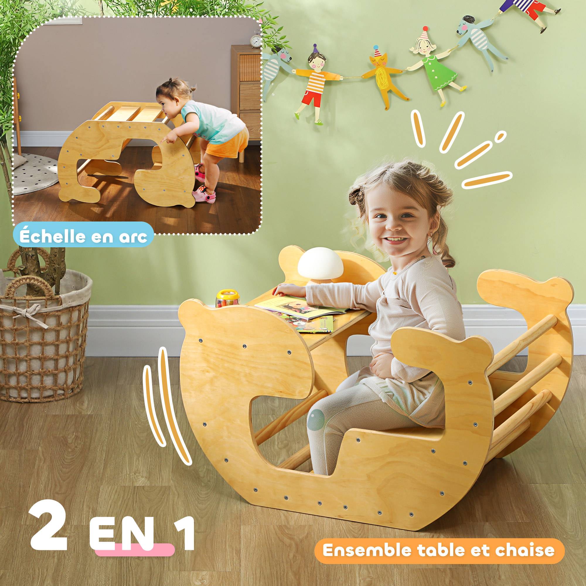 Arche d'escalade pour enfants, table à jouets pour enfants 18-48 mois, design 2 en 1, charge max. 50 kg, bois naturel - Image 6