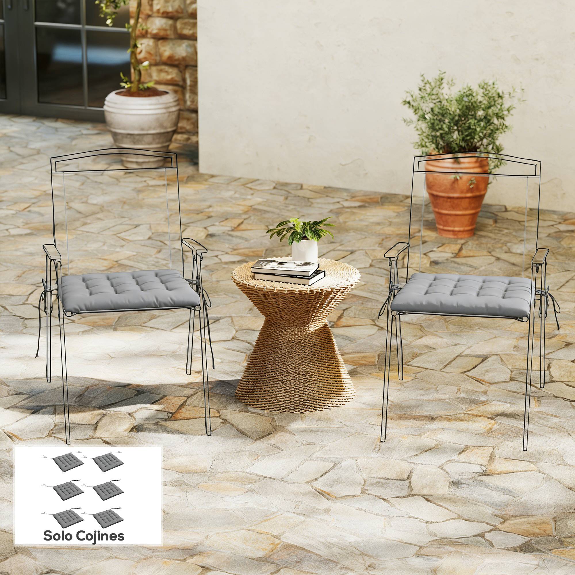 Lot de 6 coussins de chaise de jardin rembourrés 40x40 cm avec rubans gris - Image 3