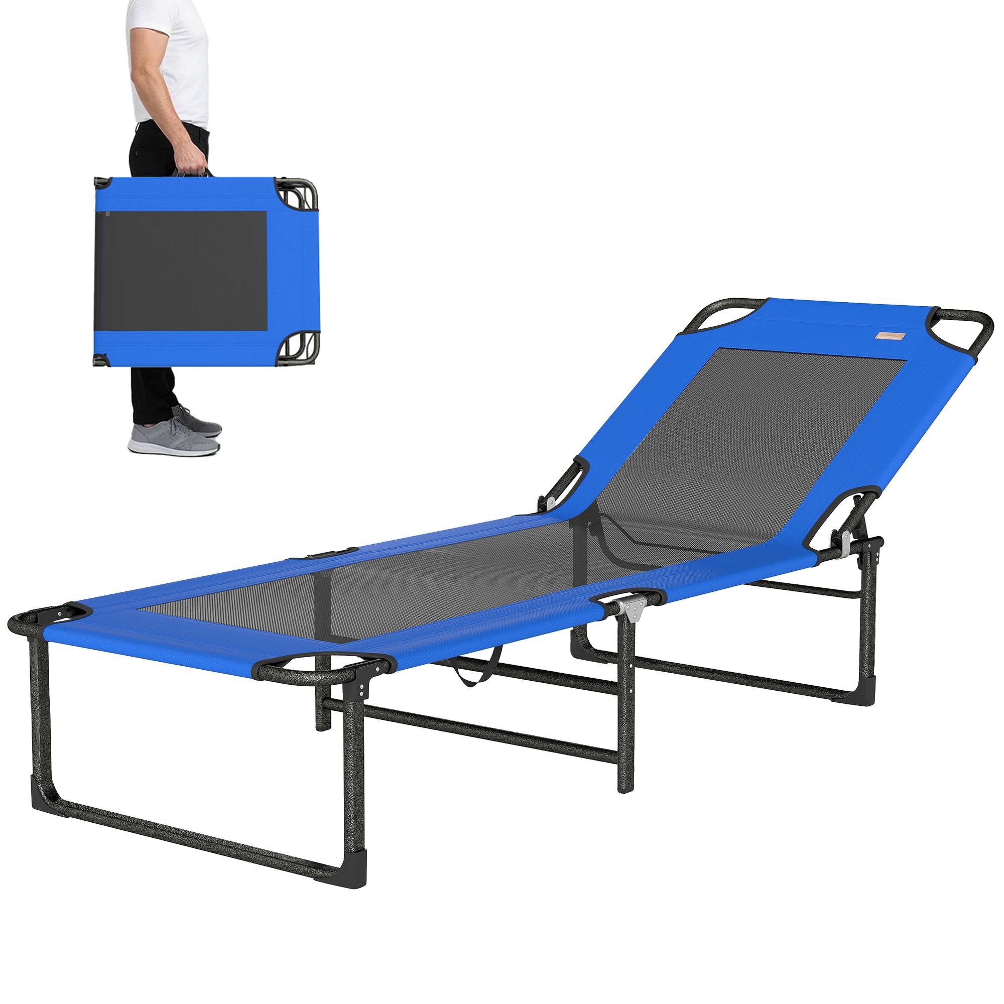 Sans Marque - Chaise longue pliante, dossier réglable en 4 positions, poignée de transport, couleur bleue. - Image 2