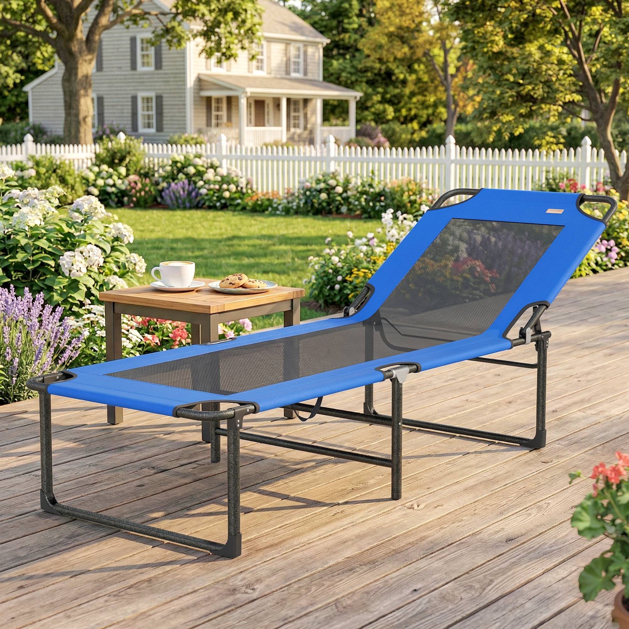 Sans Marque - Chaise longue pliante, dossier réglable en 4 positions, poignée de transport, couleur bleue. - Image 4