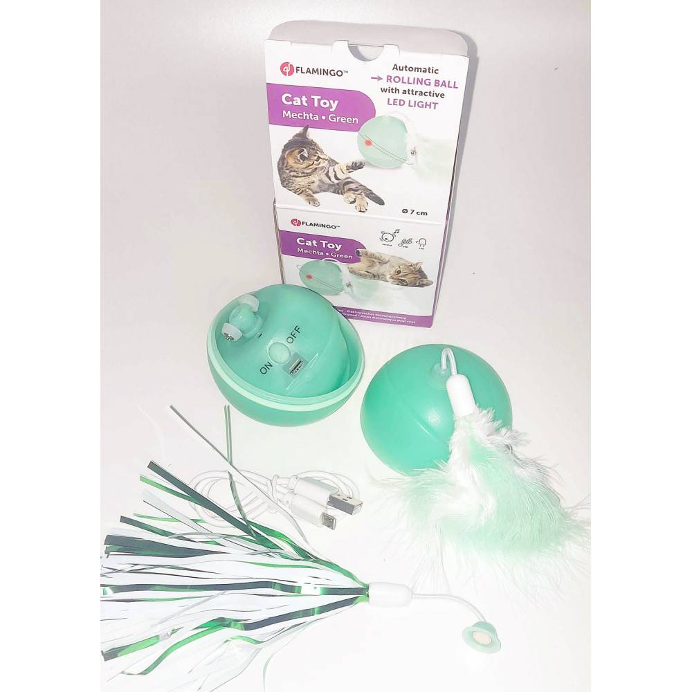 Balle ø 7 cm. magic Mechta 2 en 1 a LED et plumeau . couleur verte. pour chat. - Imagen 3