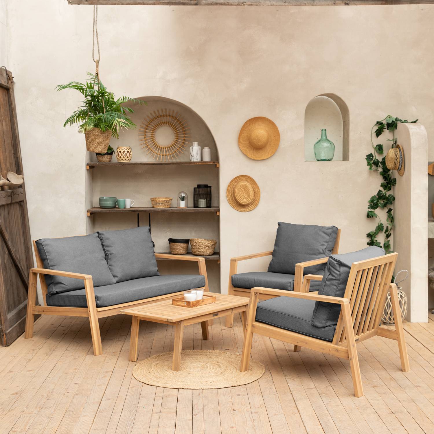 Salon de jardin en acacia 4 places GILI - coussins gris - HAPPY GARDEN - Image 2