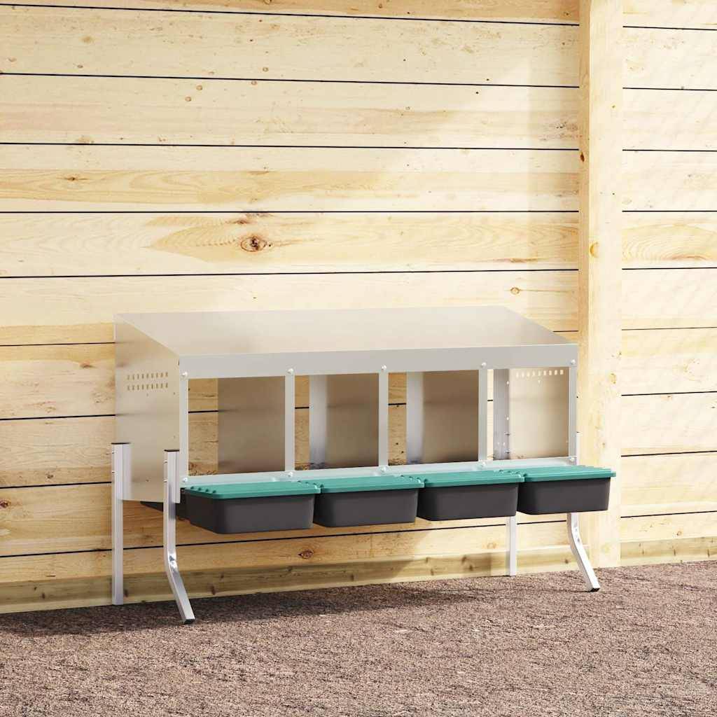 Pondoir nichoir 4 compartiments acier pour poules avec pieds ajustables et toit 110cm argent - ComfortXL Outdoor Living - Image 1
